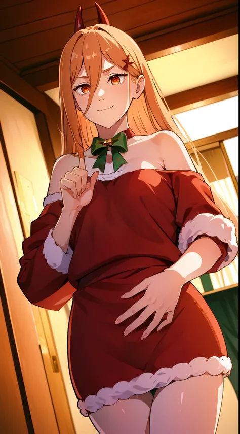 absurdres, highres, ultra detailed, pov, (middle finger,  you:1.1), (power:1.1), blonde hair, hair between eyes, red sweater, clothes writing, ((santa outfit)), (bare shoulders), x-mass party, smirk, sharp teeth, standing, thigh gap, from below, hands up, ...