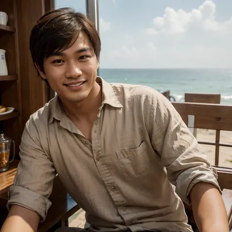 Snap a casual yet captivating photo of Haruto Kim, a Korean-Thai man in his early twenties with an oval face, almond-shaped brown eyes, and stylish messy ash brown hair, as if taken with an iPhone. Hes lounging at a beachside café in Thailand, with the oce...