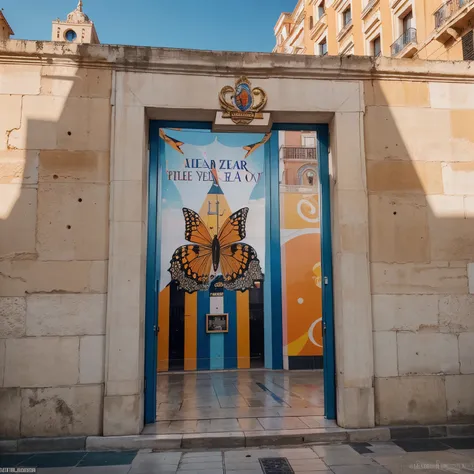 Plaza de España in Madrid at the 2024 new year party with giant butterfly posters hanging on the walls