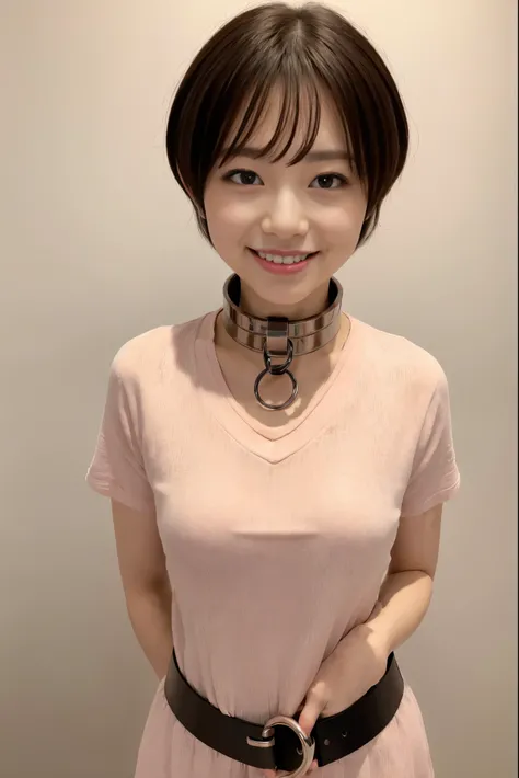 (8K, An ultra-high picture quality,top-quality),(​masterpiece:1.5),face,looking at viewer,(simple background),femele,short sleeved shirt,((Iron collar)),((short hair))red blush,a smile