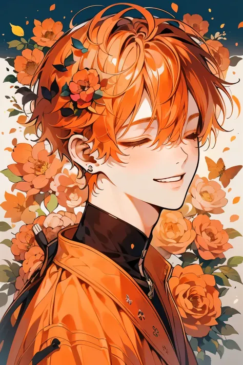 (masutepiece), (Best Quality), Highly detailed, 1 boy, Solo Focus，Perfect face, Beautiful face, extra detailed face，(Orange hair:1.3)，，Flower butterfly々，flower petals，optic，(close your eyes and laugh:1.4)，shiny