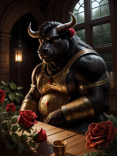 (obese, overweight male, anthro, bull) beautiful black , hyper realistic. ((roses, dew)), digital art, concept art by pino daeni...