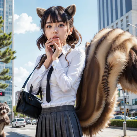 A woman wearing a pleated skirt suit with a raccoon tail, anthropomorphic raccoon, けもの, realistic, a picture, top-quality, Surprised face , Troubled face