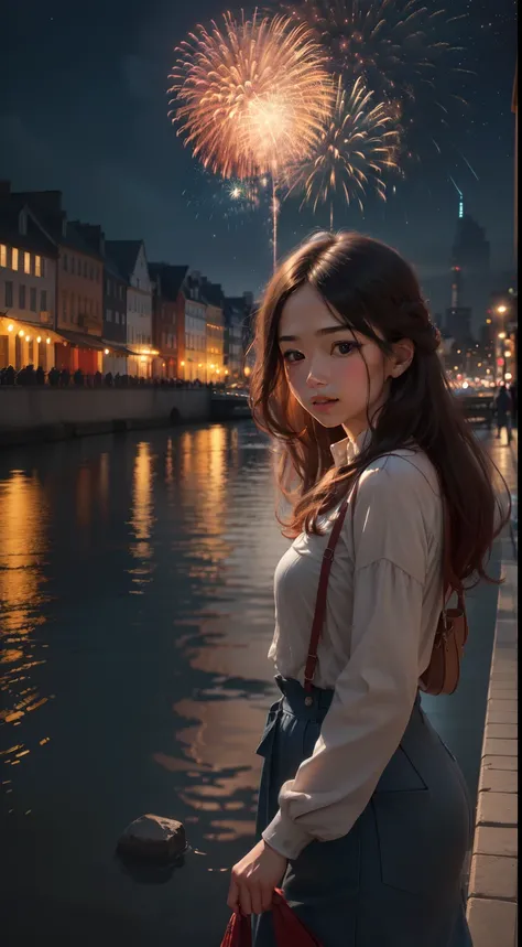 A girl by the riverside, fireworks on the opposite bank, towering buildings, serene waterfront, vibrant evening sky, colorful reflections on the water, bustling cityscape, sparkling lights, narrow pathways, peaceful atmosphere, gentle breeze, gleaming rive...