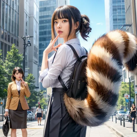 A woman wearing a pleated skirt suit with a raccoon tail, anthropomorphic raccoon, けもの, realistic, a picture, top-quality, Surprised face , Troubled face, Flipped skirt