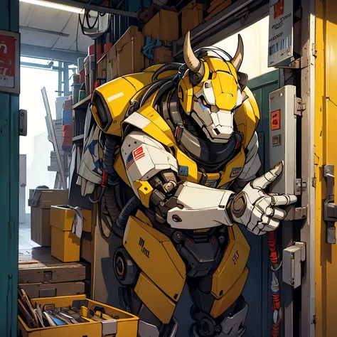 A robot wearing a bull&#39;s head is repairing door locks，Yellow and white mecha，Handy toolbox at your service