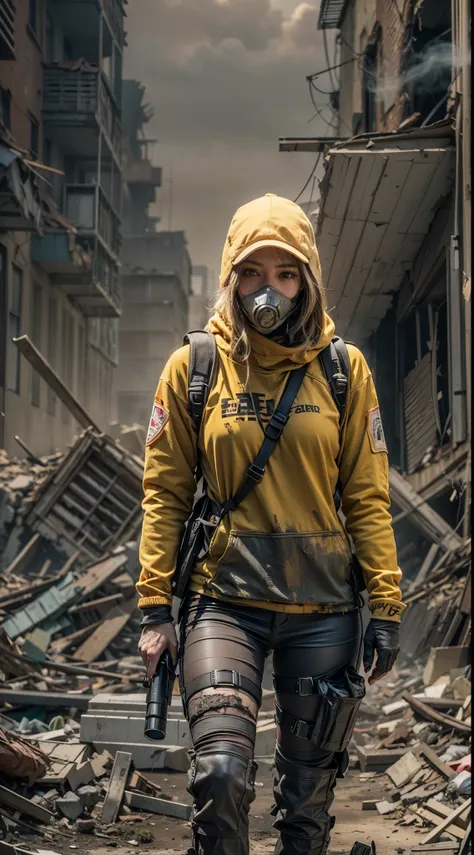 masterpiece, best quality, high resolution, rich details, 8k, extreme light and shadow, image of a beautiful young woman wearing yellow tactical gear, dirty and dusty , walking down a desolated street in a collapsed city, post apocalypse, smoke and fog in ...