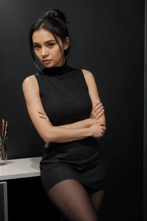 1woman, black hair, hair in a bun, angelic face, two piece sheath skirt, black office tights, black tights, high heels, female office secretary outfit, arms hugging chest, office cubical background, 8k uhd, dslr, soft lighting, high quality, photorealistic...