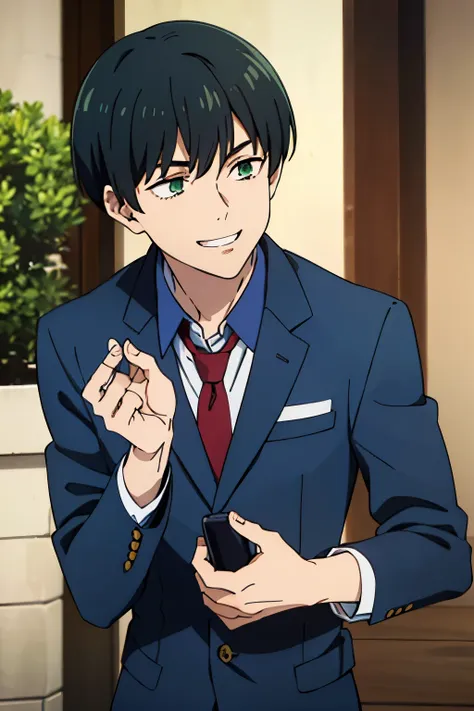 1boy, solo, black hair, green eyes, short haircut, bobcut, bob hair, messy bangs, blue suit, red necktie, grin, long sleeves