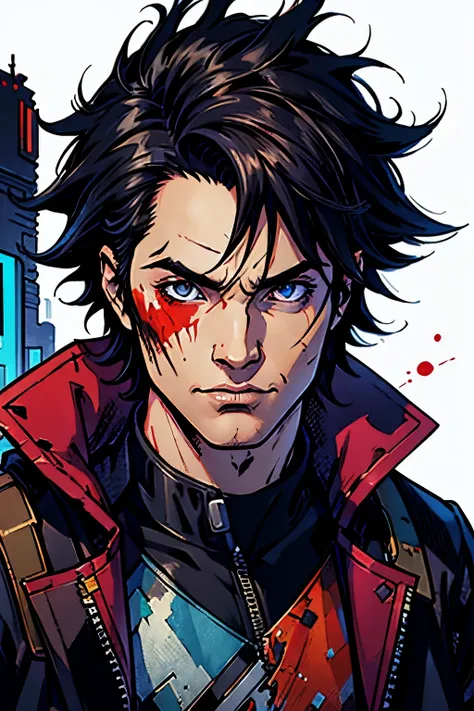 (best quality)), ((masterpiece)), (detailed), anime, mikey, messy hair, black hair, front face, cyberpunk jacket, no background,...