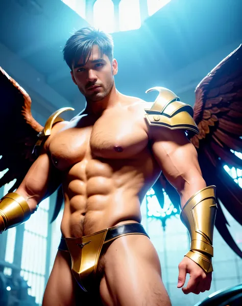 ultra high res, best quality, photo, 4k, (photorealistic:1.4), cinematic lighting, a male angel with large translucent wings,muscular man, abdominal muscle, wearing medieval gold armor, detailed feathers, cyberpunk environment, snow and  environment in the...