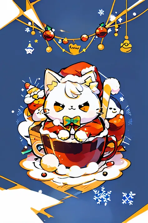 cute00d, Looking at Viewer,  Background, food, fruit, Cat, Dark blue Background, a cake,background pop、bright colour, food focus, Cat、yellow  eyes、sweets、Christmas、cat wearing santa hat、yuki、Bright background、white cat