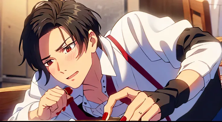 masterpiece, 1Man, luci, red eyes, black hair, blush, surprised, white blouse, restaurant, food on desk