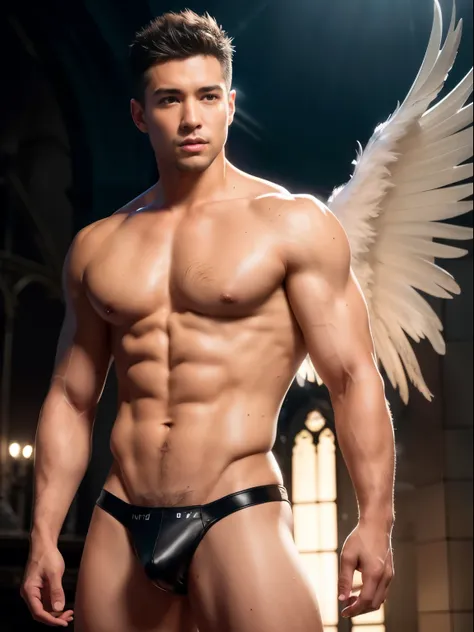 ultra high res, best quality, photo, 4k, (photorealistic:1.4), cinematic lighting, a young male angel with large translucent wings,muscular man, abdominal muscle, wearing nothing, complete naked, detailed feathers, cyberpunk environment, snow and  environm...