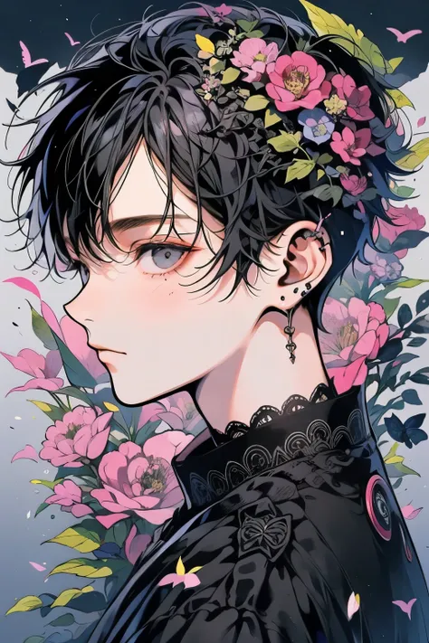 (masutepiece), (Best Quality), Highly detailed, 1 boy, Solo Focus，Perfect face, Beautiful face, extra detailed face，(Short black hair:1.3)，(Jet black eyes:1.3)，florals，butterflys々，floralsびら，optic