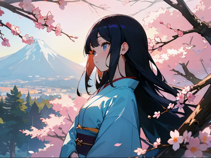 Fantastic mountain, Sunrise and cherry blossom background、Kimono with lots of floral patterns、Girl with blue inner color, Long Black Hair, and pale blue eyes.。Look up your profile。The sunlight filtering through the trees hits my face。Up to the face。art nov...