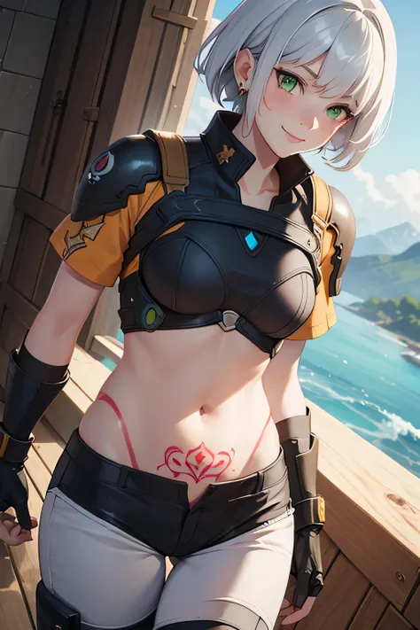 Gwen Tennyson,Yshtola rhul,tracer,YORHA 2B,1girl in,atelier ryza,Overwatch,close up,Mecha Pilot,Mountain Valley,Tattoos, Red and orange plug suit,White Short Sleeve Silk Top,Light gray cargo pants, Uncovered belly,Short hair,Cute makeup, Green eyes,Dimensi...