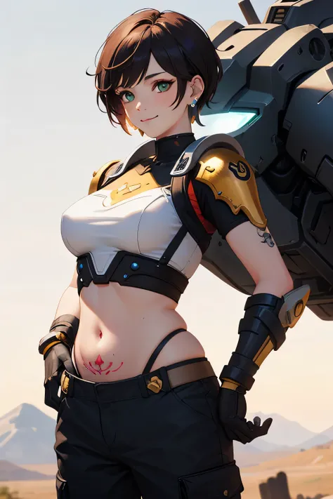 Gwen Tennyson,Yshtola rhul,tracer,YORHA 2B,1girl in,atelier ryza,Overwatch,close up,Mecha Pilot,Mountain Valley,Tattoos, Red and orange plug suit,White Short Sleeve Silk Top,Light gray cargo pants, Uncovered belly,Short hair,Cute makeup, Green eyes,Dimensi...