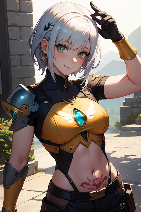 Gwen Tennyson,Yshtola rhul,tracer,YORHA 2B,1girl in,atelier ryza,Overwatch,close up,Mecha Pilot,Mountain Valley,Tattoos, Red and orange plug suit,White Short Sleeve Silk Top,Light gray cargo pants, Uncovered belly,Short hair,Cute makeup, Green eyes,Dimensi...