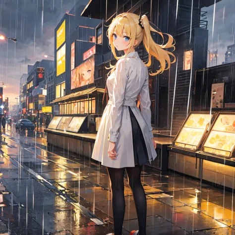 masterpiece, high quality, young girl, skirt, blonde, facing sideways,half body,anime , rain, facing sideaways, in the middle of the crossroads, late afternoon, holding an umberlla