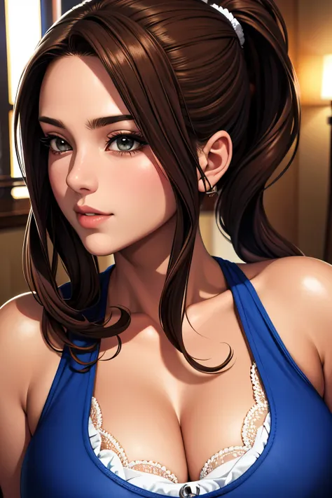 masutepiece, Best Quality, 超A high resolution, (Photorealistic:1.4), Detailed beautiful face, detailed  clothes, Stunning European women, Wearing a tank top, Super Cute, nice perfect face with soft skin perfect face, Gorgeous long ponytail brown hair, 8K r...