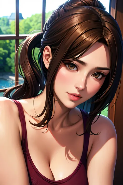 masutepiece, Best Quality, 超A high resolution, (Photorealistic:1.4), Detailed beautiful face, detailed  clothes, Stunning European women, Wearing a tank top, Super Cute, nice perfect face with soft skin perfect face, Gorgeous long ponytail brown hair, 8K r...