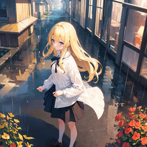 masterpiece, high quality, young girl, skirt, blonde, facing sideways,half body,anime , rain, facing sideaways, in the middle of the crossroads, late afternoon, holding an umberlla