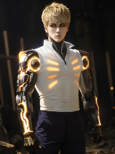 (masterpiece, best quality:1.4), colorful, high contrast, genos white shirt, sleeveless, black pants, mechanical arms, glowing, glowing eyes, glowing hand, standing, fighting stance
