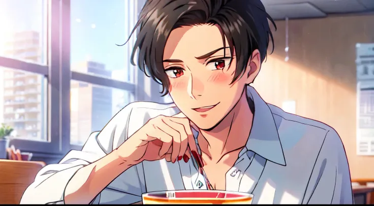 masterpiece, 1man, luci, red eyes, black hair, blush, light smile, white blouse, day, window, pop corn on desk