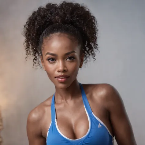 ((Dark African skin, Very deep ebony skin)), ((Its beauty is undeniable)), ((Excited cute face)), ((Hyper detailed perfect eyes,)), ((Language output)), ((Seductive)), sexy, ((blue sports underwear)), ((Afro ponytail with long African curly hair, lipstick,...