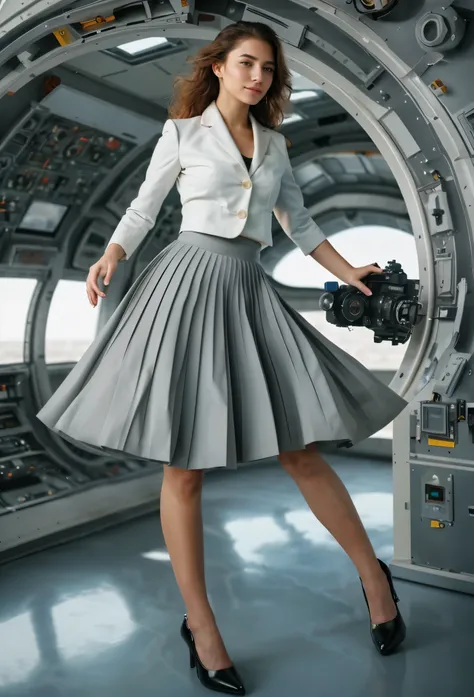 (shy:1,1) (authentic:1,5) smiling woman admiring her skirt on a space ship, wearing short blazer and very very detailed (long (fully pleated) full circle skirt) and (low heeled) office shoes, very very intricate hyper-detailed symmetric (attractive gracefu...