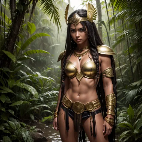 Best quality, masterpiece, ultra high res, (photorealistic:1.4), raw photo, 1girl, Amazonian warrior princess, armed for battle, light armour, gold jewelry, headdress, fight pose, sexy, bronzed skin, long braided hair,  bracelets, alone in the jungle, murk...