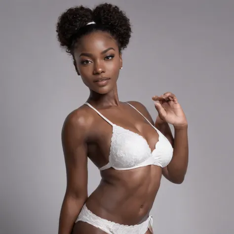 ((Very Dark African skin, Very deep ebony skin)), ((Its beauty  undeniable)), ((Excited face)), ((Hyper detailed perfect eyes,)), ((cute pose)), ((Language output)), ((Seductive )), sexy, ((tight white bikini, teasing)), ((Afro ponytail with long African c...