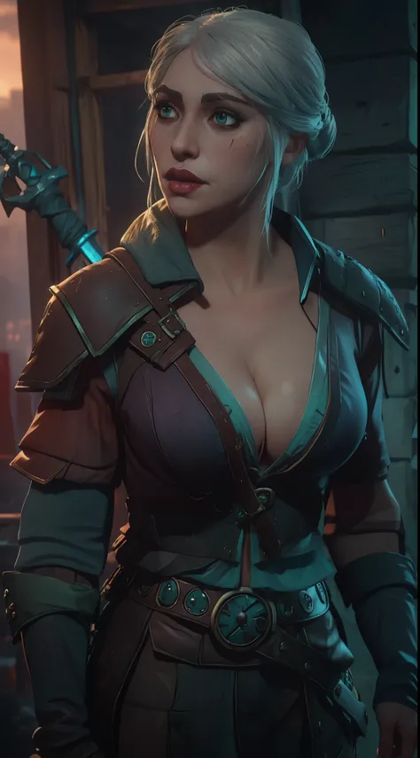 (masterpiece:1.3), (8k, photorealistic, RAW photo, best quality: 1.4), (1girl), (((Ciri from Witcher 3 with massive breasts))), overflowing cleavage, buttons straining, breast expansion,beautiful face, (realistic face), beautiful white hair, realistic gree...