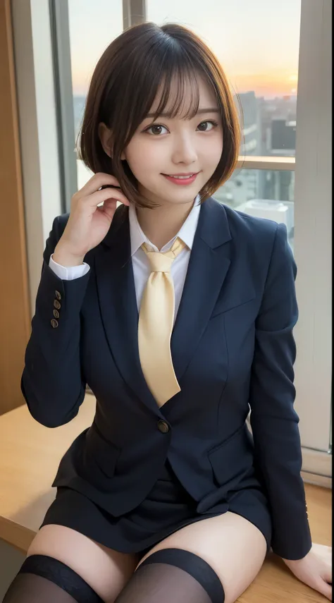 masutepiece, Best Quality, Illustration, Highly detailed, fine detail, high resolution, 8K Wallpaper, Perfect dynamic composition, Beautiful eye detail, tie, office uniform, stockings, short hair, (medium bust: 1.3), Thick sexy pose, Smile , school, 18 yea...