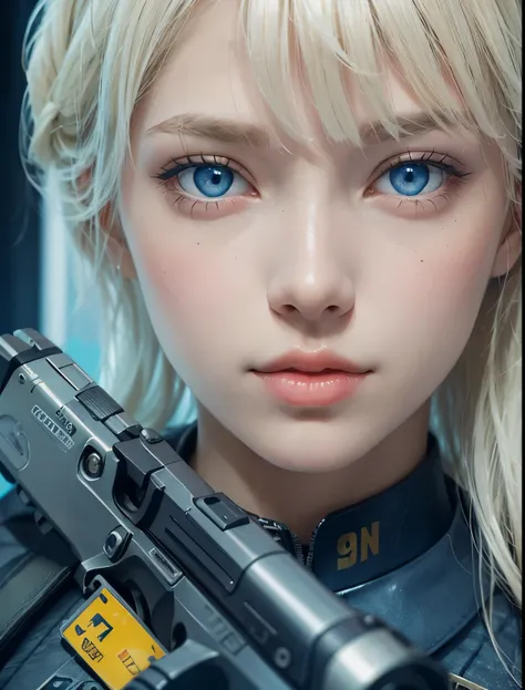 A beautiful blond-haired, blue-eyed woman holds a handgun toward the camera. Nineteen years old. Her bangs are down. Beautiful double eyes. The bridge of my nose. Well-shaped lips. He wears a silver metallic fiber combat uniform. 8K image quality.