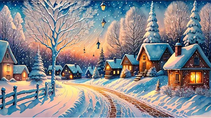 An elegant New Year greeting card for a LED flash light company, portraying a serene winter scene with softly lit LED lanterns casting a warm glow on snow-covered landscapes, a quaint village in the background, capturing a peaceful ambiance and the magic o...