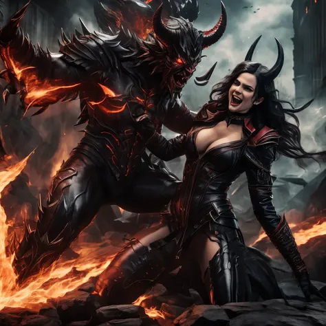 finest image, 8k, RAW photo, realistic, detailed, delicate, flashy and dynamic depiction, the succubus wearing a coat and the dark demon lord, inappropriate laughter, background dark hell