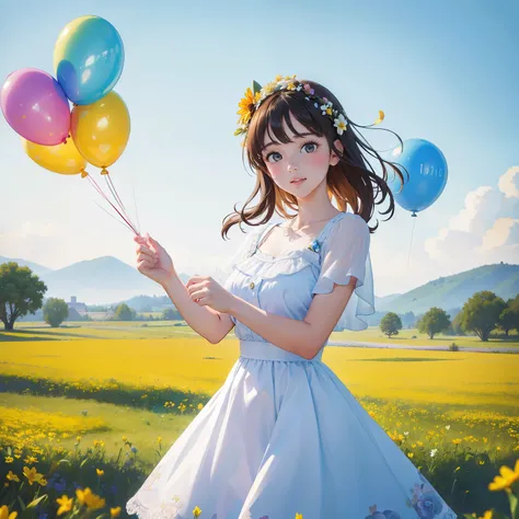 A girl holding flowers, colorful balloons floating in the sky, meadow, dancing, holding flowers, happy, happy, perfect quality, clear focus (clutter-home: 0.8), (masterpiece: 1.2) (Realistic: 1.2) (Bokeh) (Best quality) (Detailed skin: 1.3) (Intricate deta...