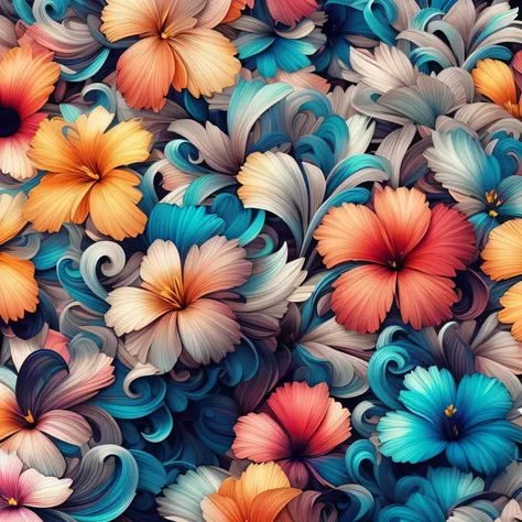 um close de um ramo de flores com cores azuis e laranja, flores rodopiantes, ultra arte digital detalhada, arte digital de detalhes surpreendentes, ultra-arte digital detalhada, hyper arte digital detalhada, flores ornamentadas, cores vibrantes intrincadas...