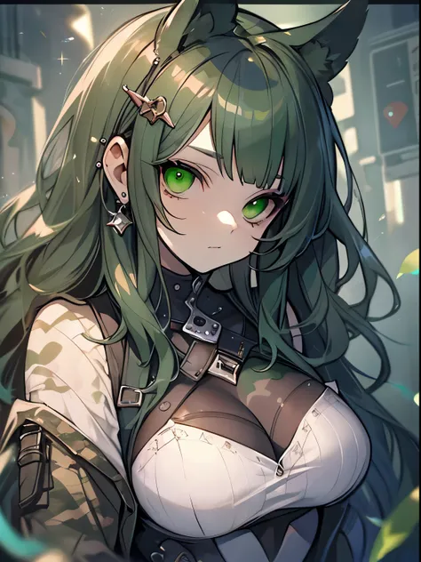 best qualtiy, 超A high resolution, A detailed face, A detailed eye, ((deep green color:1.3)), 1girll, Beautuful Women, large full breasts, Camouflage pattern,