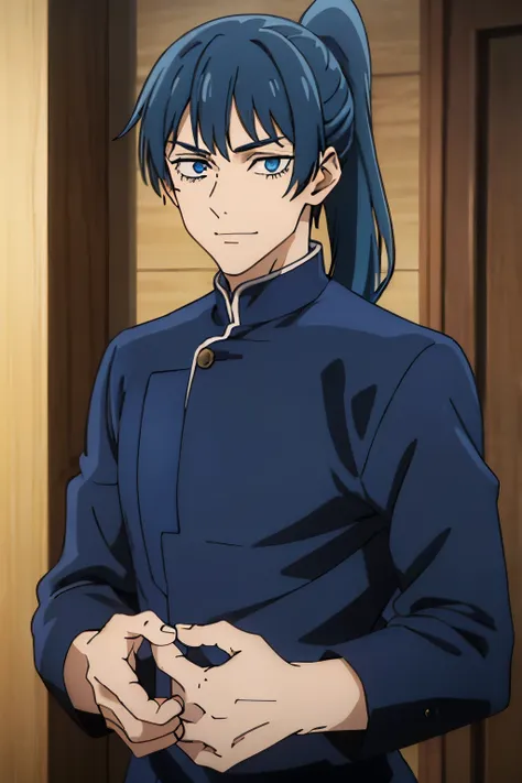 1male, solo, long ponytail, messy bangs, blue hair, blue eyes, smiley, black long sleeves shirt,