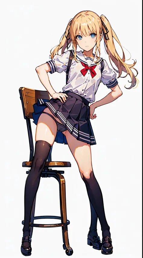 a female cartoon character with long straight blonde hair in short sleeve schoolgirl dress and high socks 1 girl, sawamura spencer eriri, solo, thighhighs, school uniform, blonde hair, blue eyes, twintails, long hair, skirt, black thighhighs, hand on hip, ...