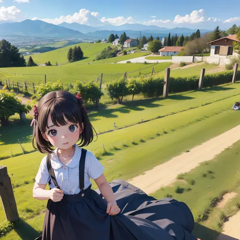 Little girl, Picking grapes in the vineyard, Far Mountain, house.