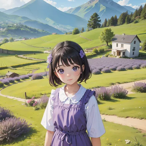 Little girl in lavender field, Far Mountain, house.