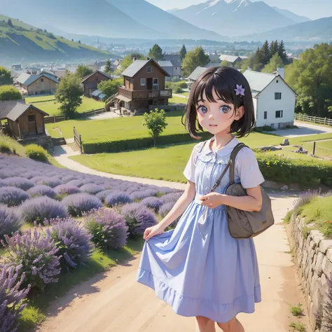 little girl in lavender field, far mountain, house.