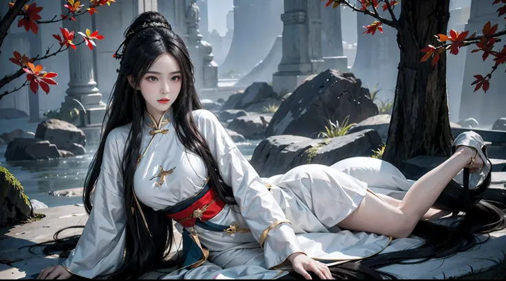 realistically, a high resolution, 1 woman wearing hanfu, alone,  brunette color hair, long gray hair，chinese fairy clothes