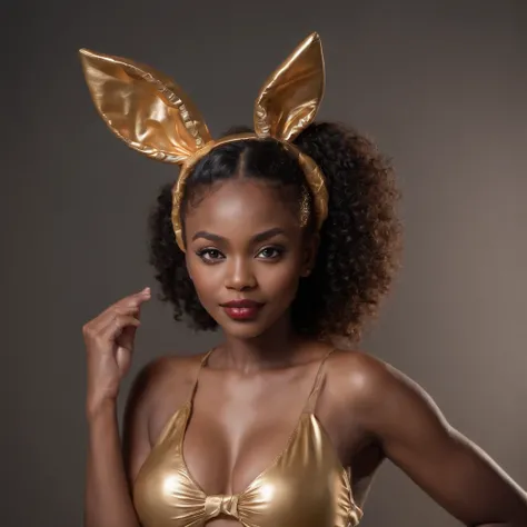 ((Dark African skin, Very deep ebony skin)), ((Its beauty  undeniable)), ((Excited cute face)), ((Hyper detailed perfect eyes,)), ((pose mignonne)), ((Langue sortie)), ((Seductive )), sexy, ((one piece golden swimsuit)), ((traditional gold bunny suit)), ((...