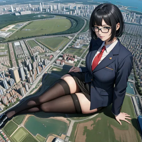 giantess art, a hyperrealistic schoolgirl, 非常に詳細なder rieseショット, der riese, Shorthair, Black pantyhose, a huge high school girl、&#39;It&#39;s much bigger than a skyscraper, Wearing rimless glasses, Colossal tits, Navy blue blazer, Red tie, Mini Length Skirt...