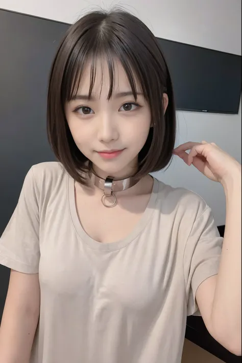 (8K, An ultra-high picture quality,top-quality),(​masterpiece:1.5),face,looking at viewer,(simple background),femele,short sleeved shirt,((Iron collar)),((short hair))red blush,a smile